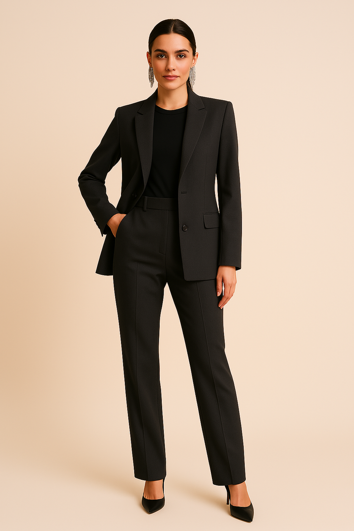 Professional women's two-piece tailored pantsuit. Elegant blazer and straight-leg trousers for business & formal attire.