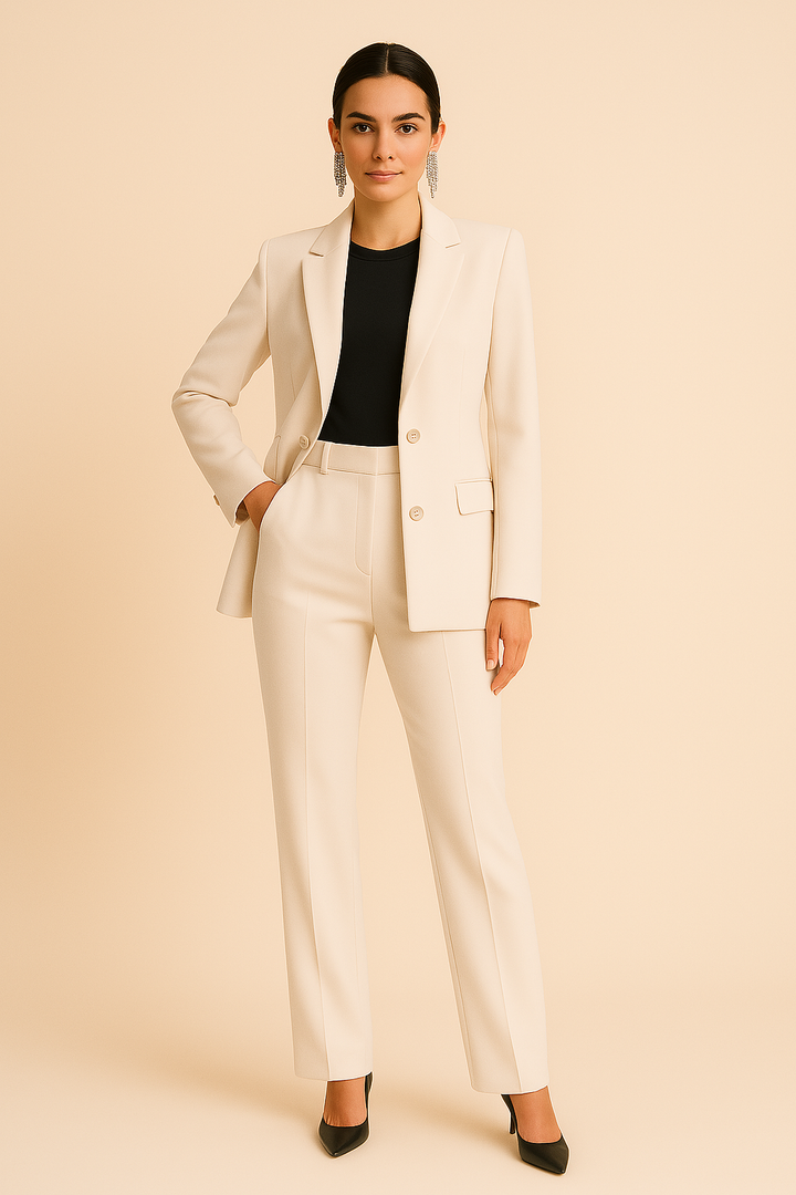 Stylish women's tailored blazer and matching straight-leg pants set. Formal office wear, elegant business attire.