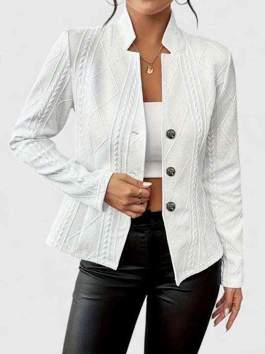 Women's elegant tailored jacket, perfect for sophisticated workwear or chic casual layering. Structured and versatile.