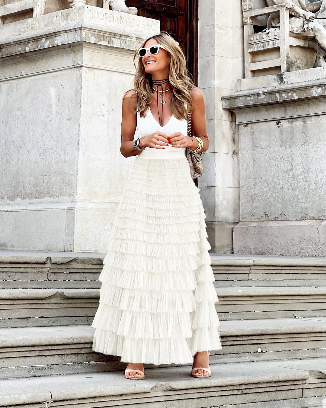 Chic women's formal tiered tulle maxi skirt, ruffled and elegant, great for special occasion wear.