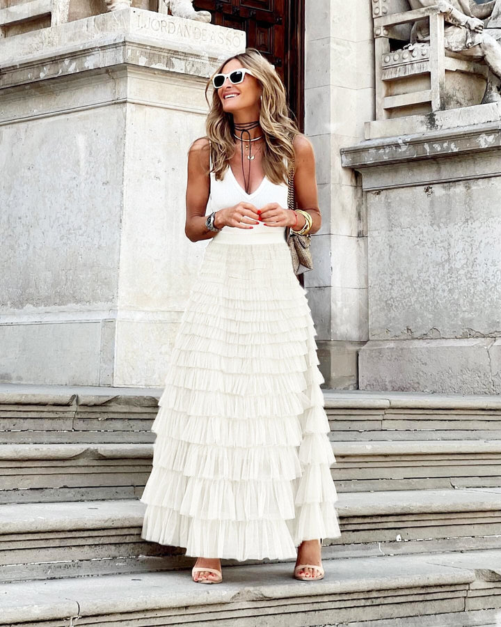 Chic women's formal tiered tulle maxi skirt, ruffled and elegant, great for special occasion wear.