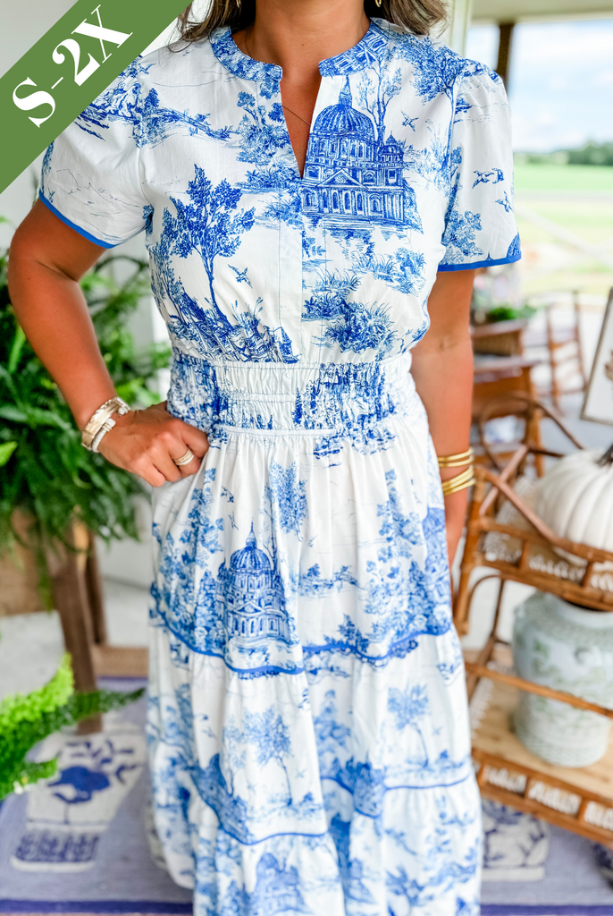 Elegant toile print maxi dress for women, featuring a comfortable smocked waist and flowing design.