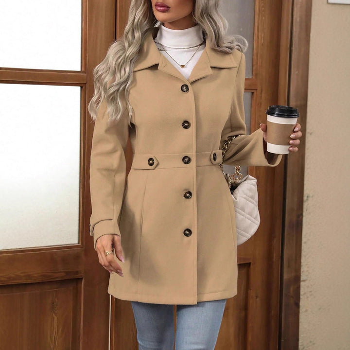 Women's classic winter trench coat, elegant belted style with classic collar, perfect versatile outerwear.
