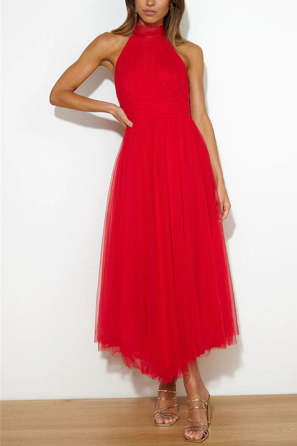 Chic women's elegant midi dress with tulle, a stunning choice for special occasions & evening parties.