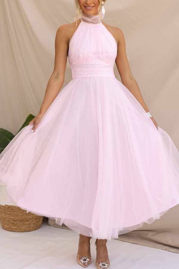 Flattering women's A-line tulle midi dress, perfect for evening parties, cocktails, and special events.