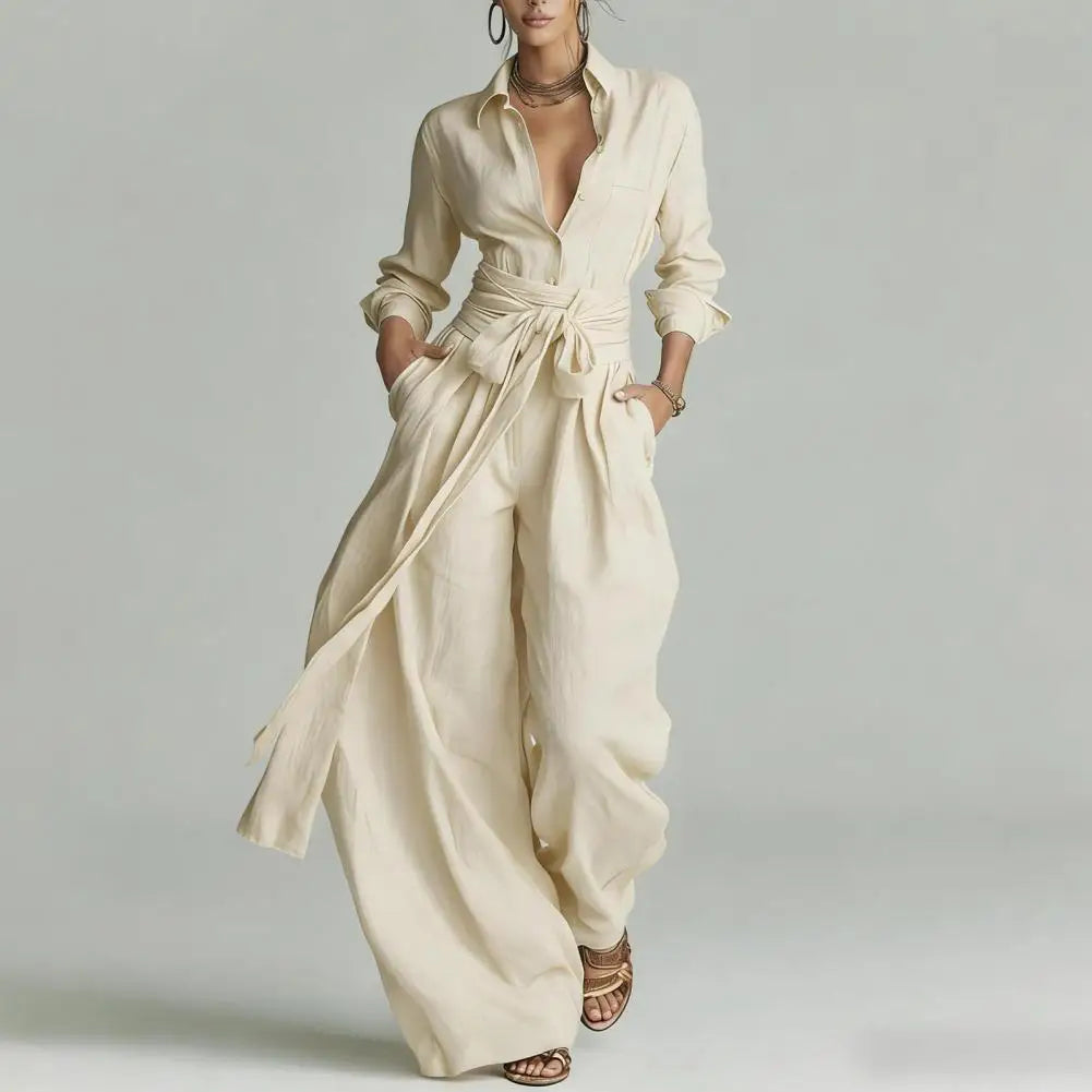 Women's elegant two-piece co-ord set with a button-down shirt and wide-leg pants, perfect for casual chic.