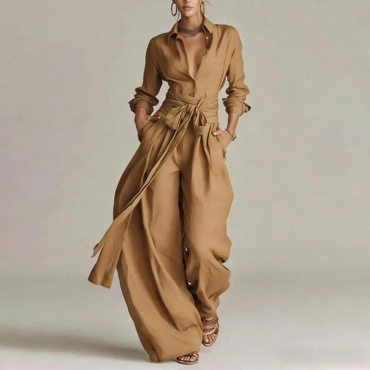 Comfortable women's matching co-ord set featuring a relaxed fit button-down shirt and flowy wide-leg pants.