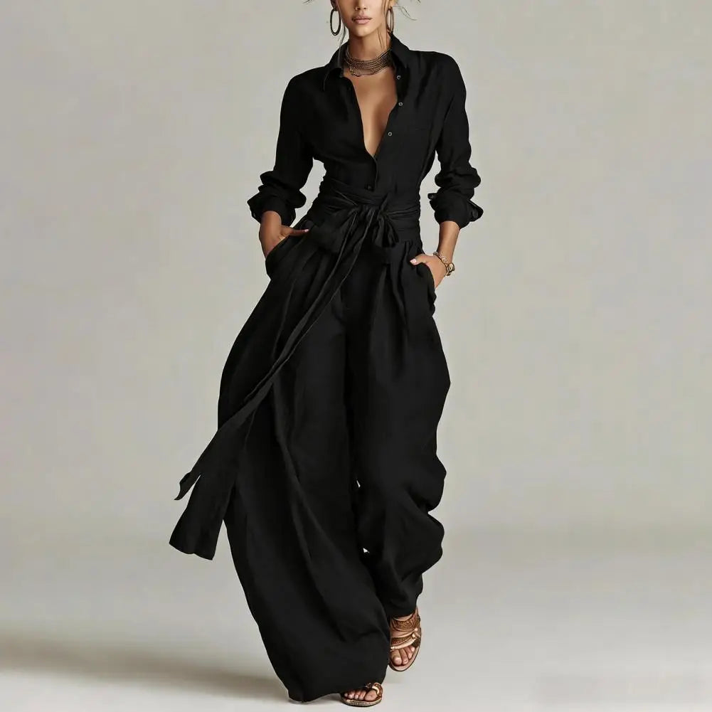Relaxed fit women's co-ord set, a button-down shirt and wide-leg pants, great for office wear or travel.