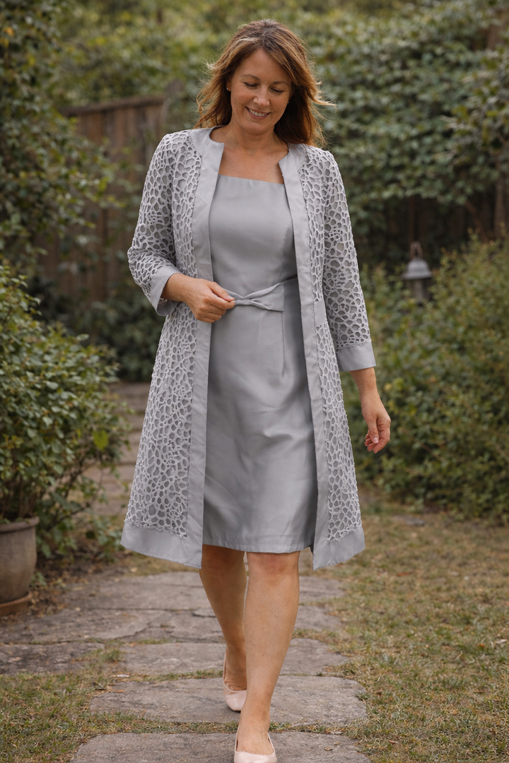 Formal women's elegant midi dress & jacket set. Perfect two-piece evening wear for special occasions.