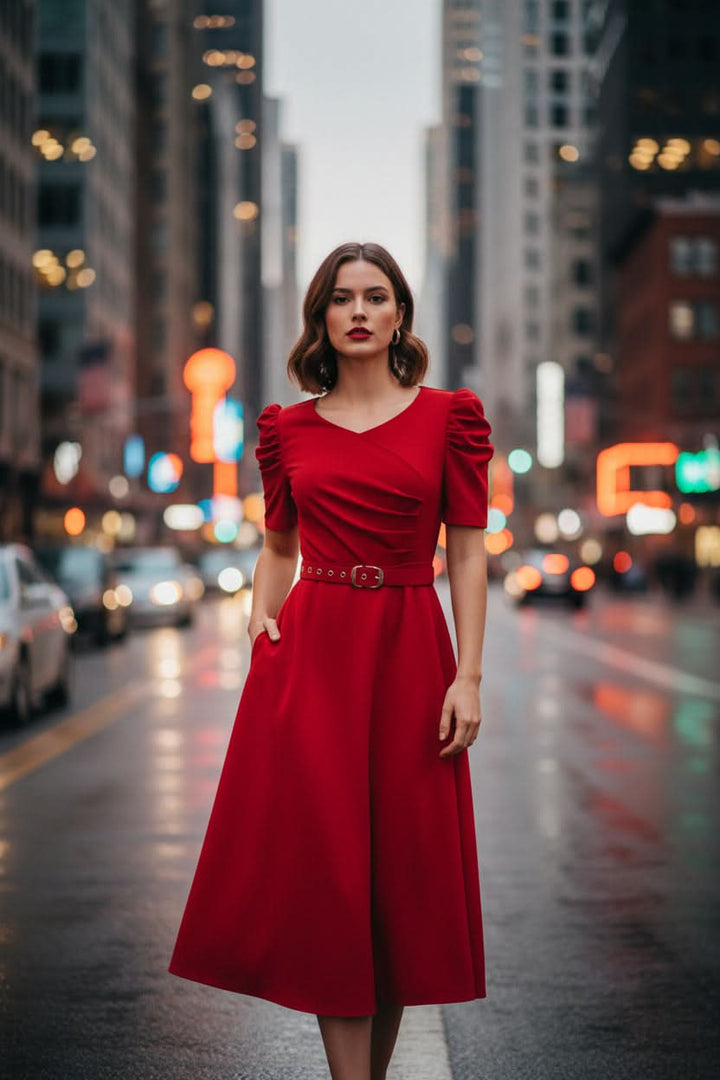 Red women's polished V-neck midi dress with belt. Ideal for formal or cocktail events and spring wear.