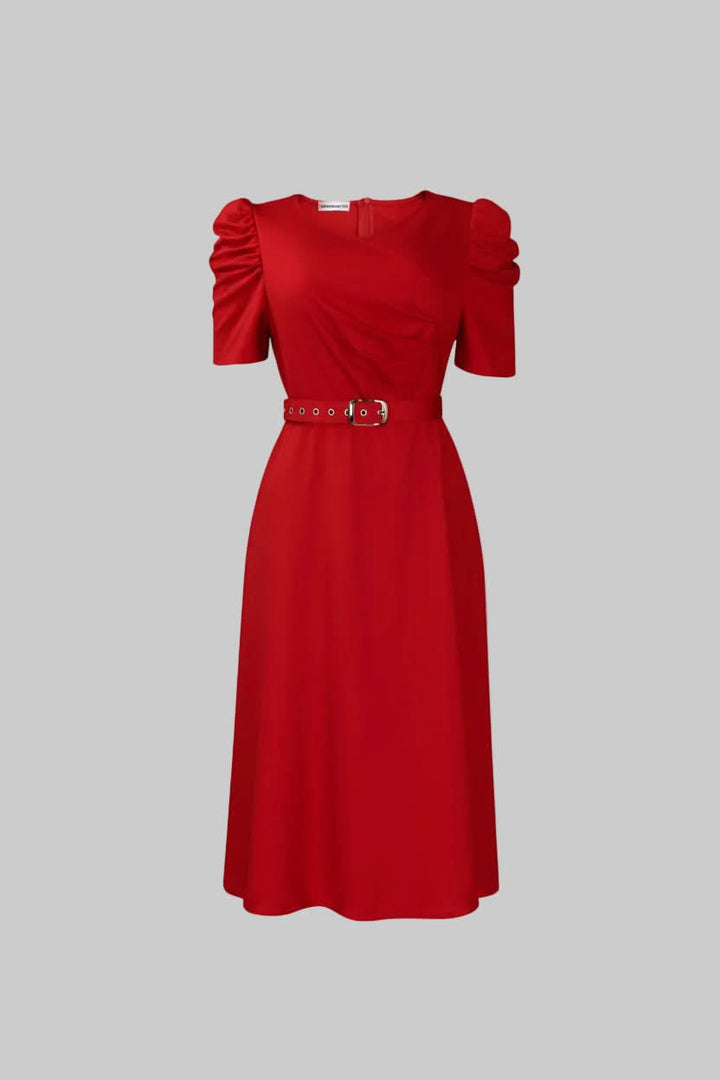 Black women's flattering belted V-neck midi dress. Versatile for casual, work, or elegant spring/summer style.