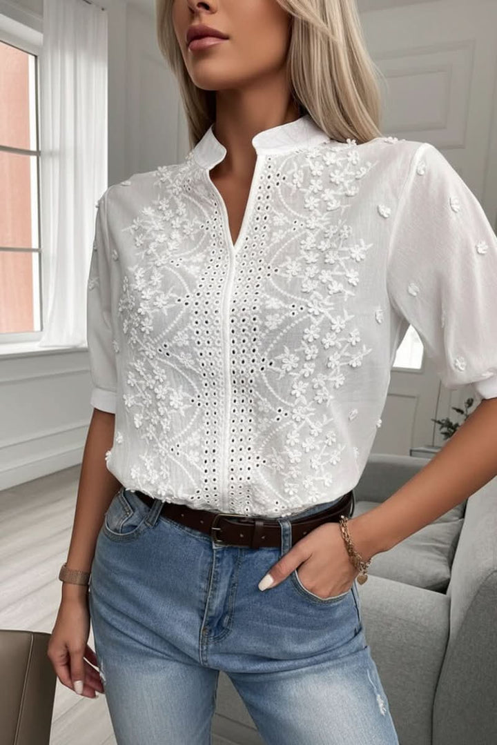 Modern women's V-neck summer top, short sleeve, chic and versatile for casual or dressy occasions. Everyday comfort.