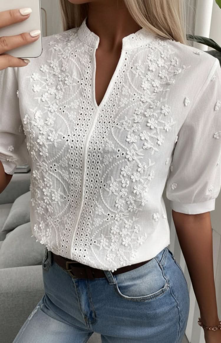 Elegant women's V-neck top with short sleeves, designed for a chic, comfortable, and versatile modern look.