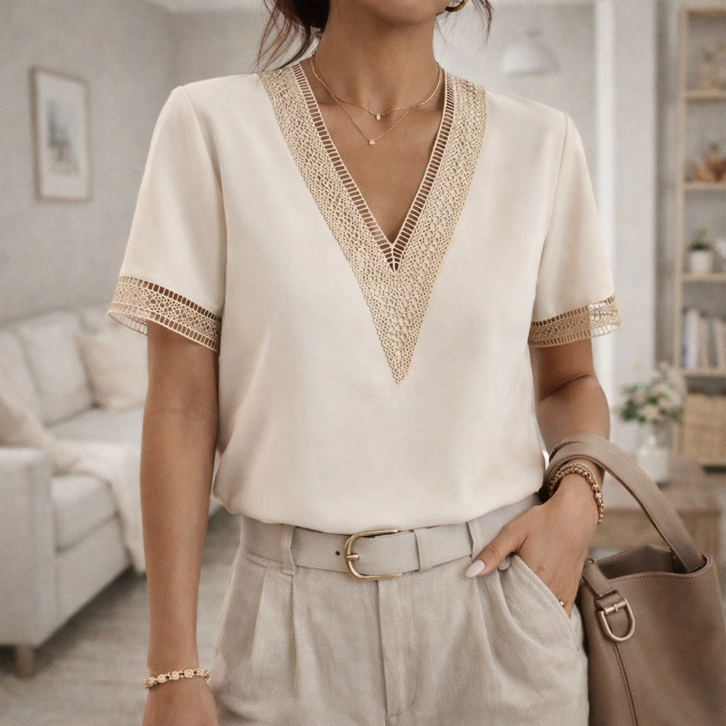 Women's elegant V-neck top with delicate lace trim. Perfect for versatile spring & summer style.