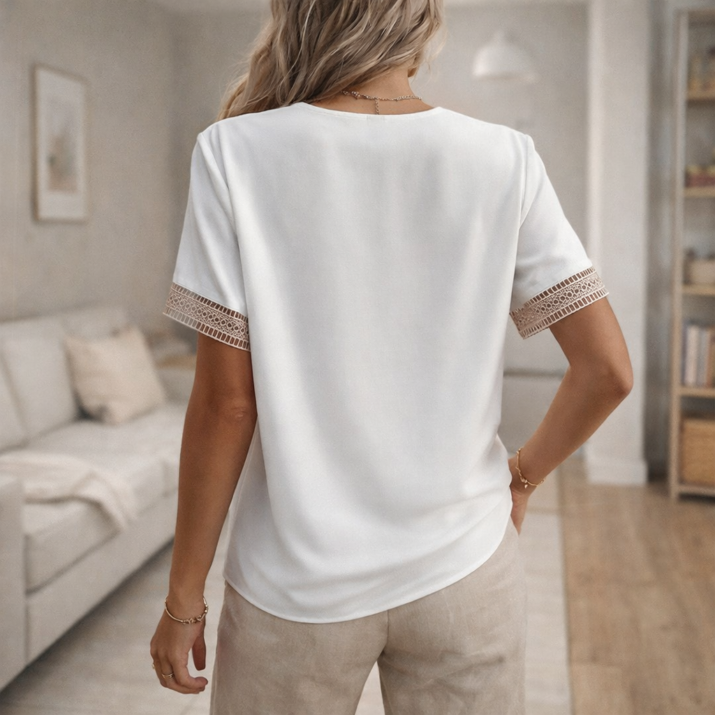 Relaxed fit short-sleeve V-neck top for women, featuring exquisite lace detailing. Elegant and versatile.