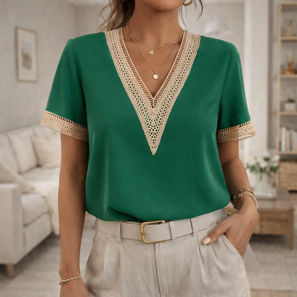 Chic women's V-neck top with delicate lace trim. A comfortable & stylish blouse for spring and summer.