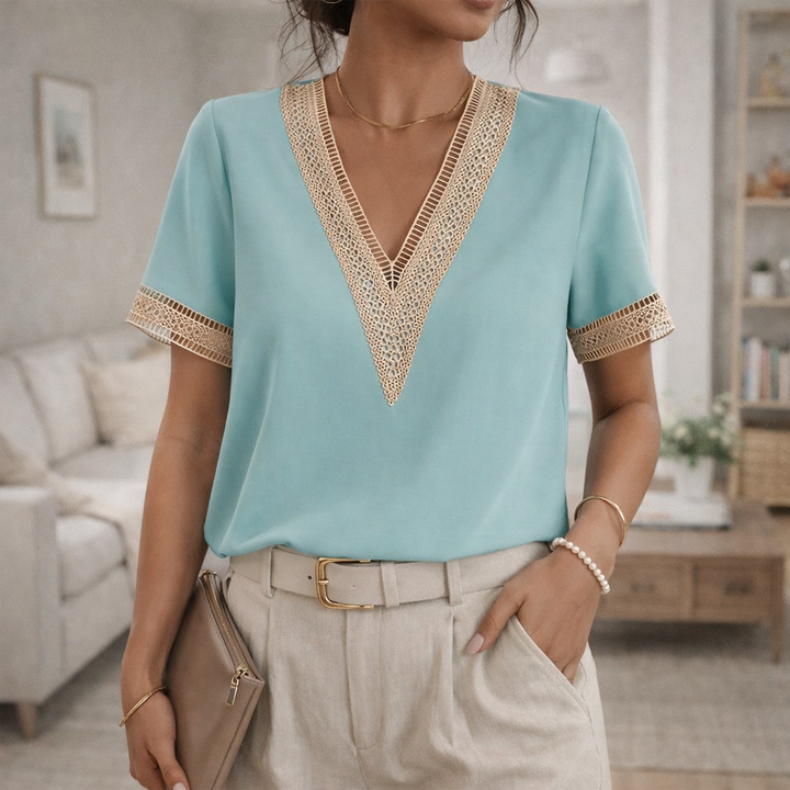 Versatile women's V-neck blouse with elegant lace trim, a must-have for spring & summer fashion.