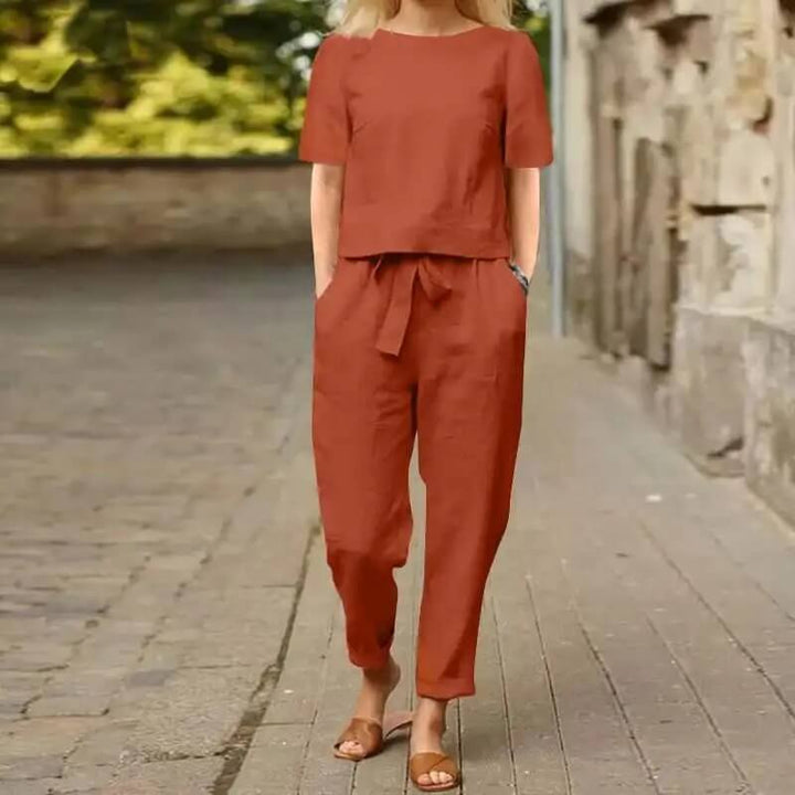 Women's elegant vintage two-piece summer set, a comfortable cotton blend matching outfit perfect for casual wear.