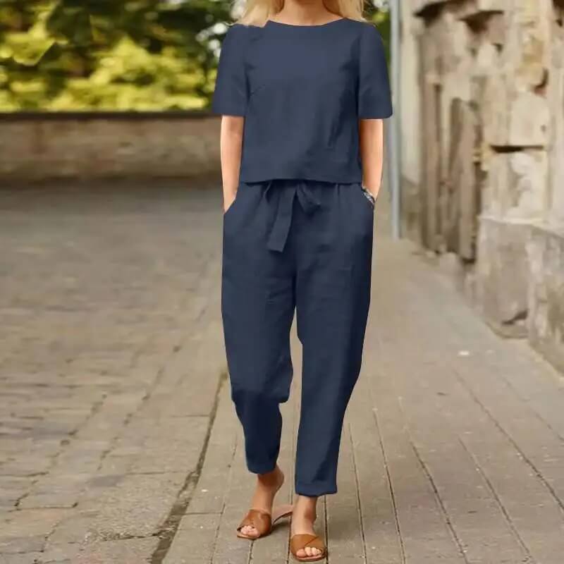 Elegant women's matching two-piece summer set with vintage design, a breathable cotton blend for casual outfits.