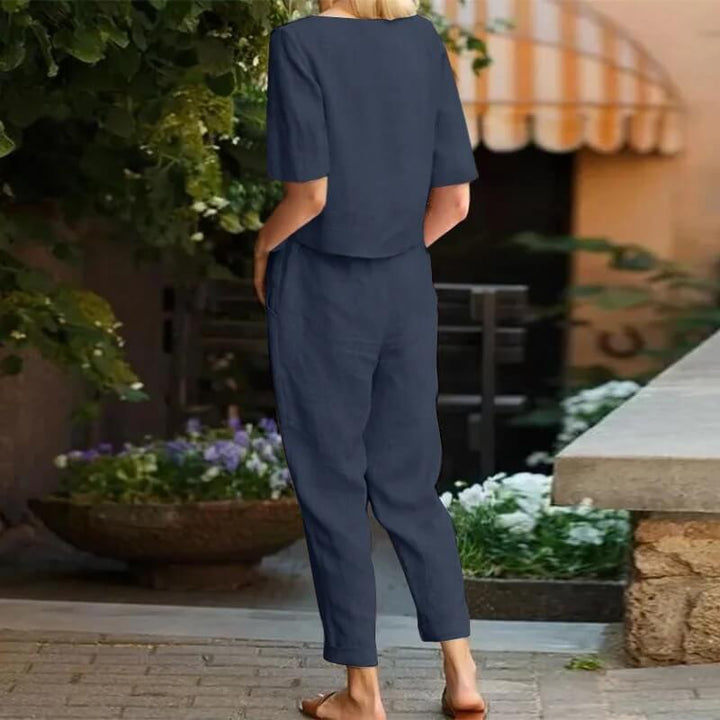 Chic women's vintage two-piece summer outfit, a comfortable cotton blend loungewear set for elegant spring fashion.