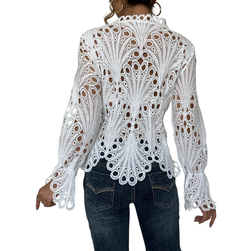 Soft fabric elegant women's lace cutwork long sleeve blouse in white, featuring a delicate hollow out design for spring.
