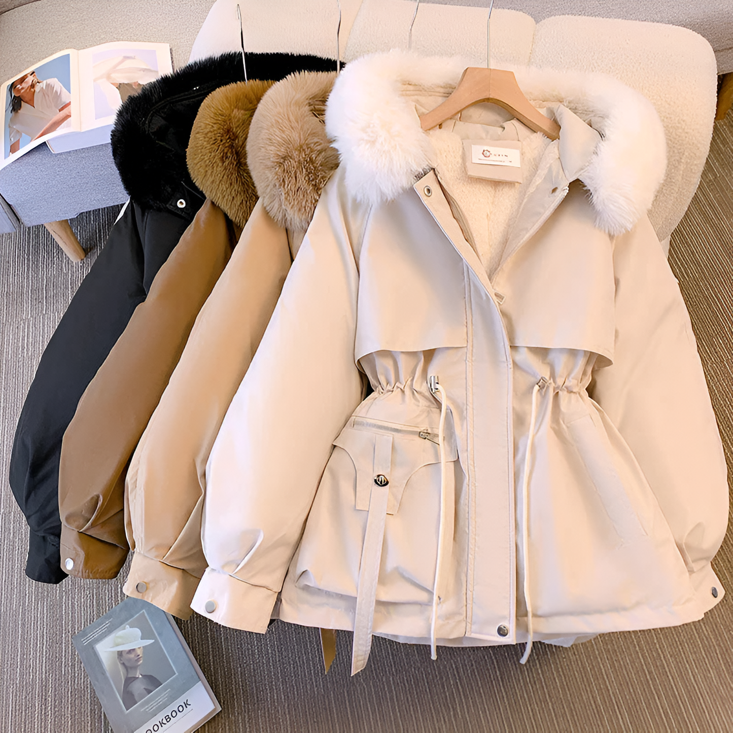 Warm women's elegant winter coat. Stylish outerwear designed for ultimate comfort in cold weather.