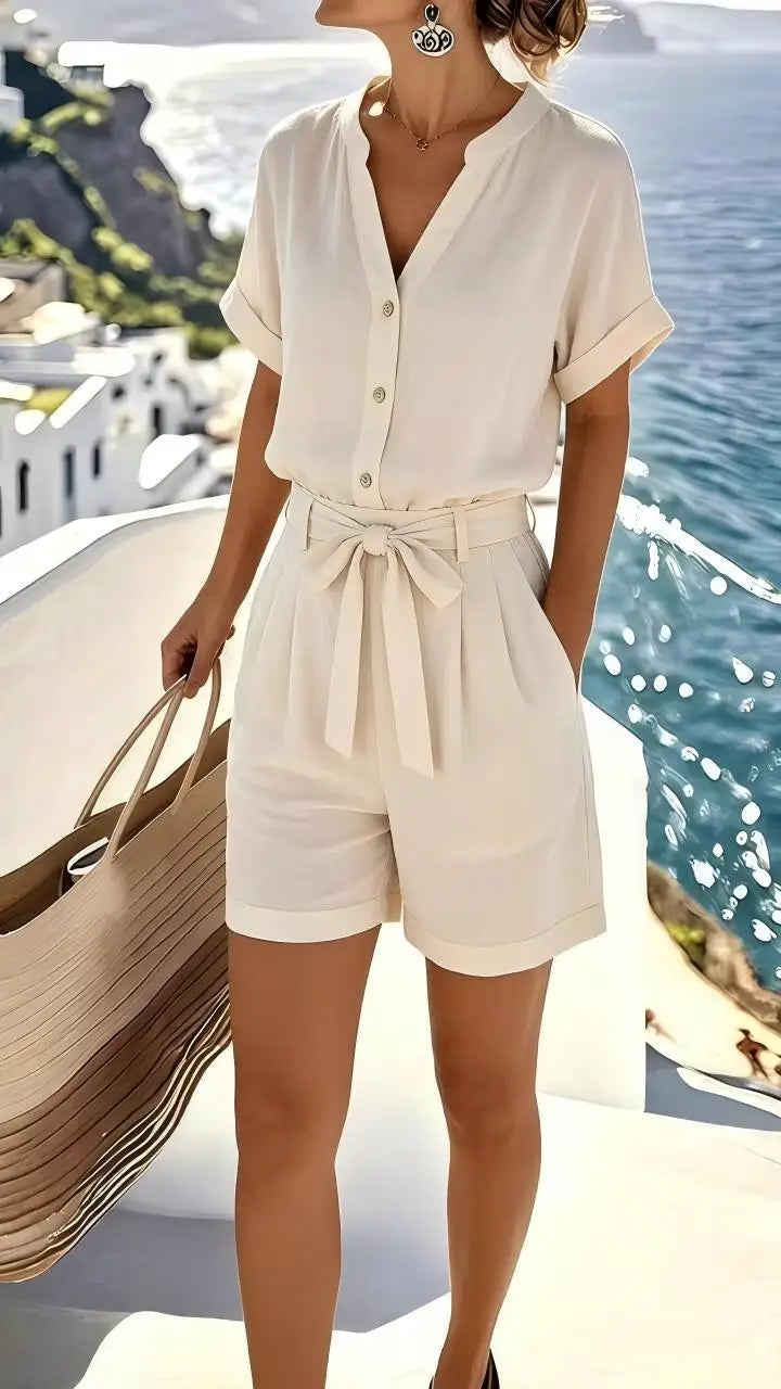 Women's Elowen tie-front romper in a relaxed fit, perfect for casual summer wear or vacation outfits.
