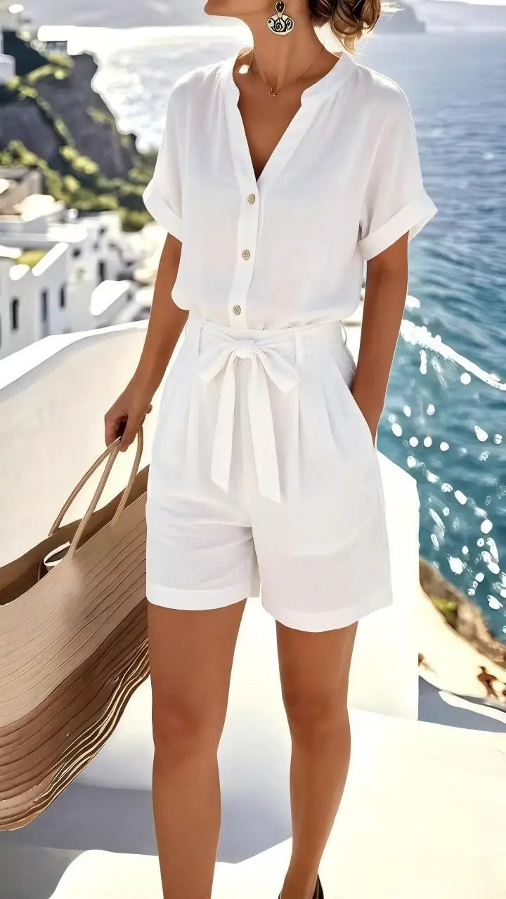 Sleeveless Elowen tie-front playsuit for women, ideal for beach wear, warm weather, and effortless summer style.