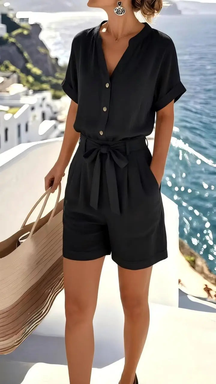 Comfortable women's Elowen tie-front romper with a relaxed fit, great for warm weather casual wear and travel.