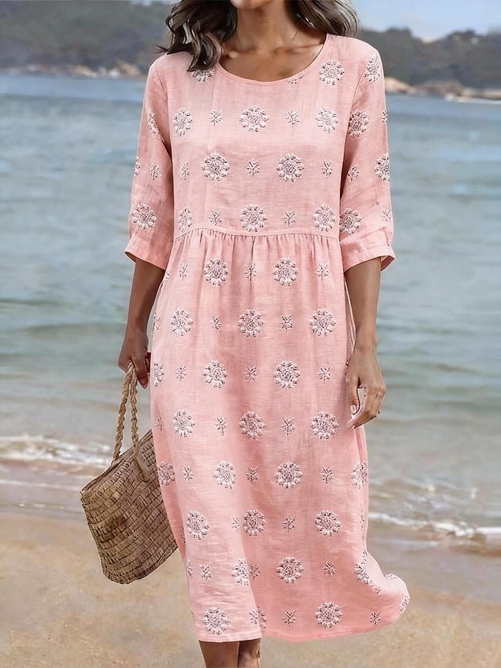 Casual women's floral embroidered midi dress with comfortable relaxed fit. Stylish three-quarter sleeve day dress.