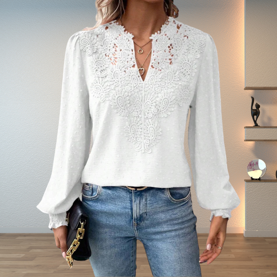 Versatile V-neck long sleeve blouse for women, featuring exquisite embroidery; ideal for work, casual, or party wear.