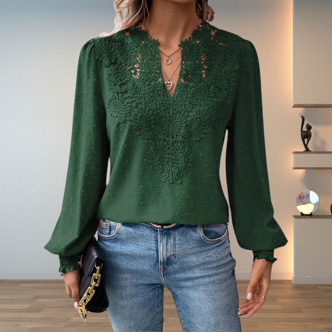Women's V-neck long sleeve blouse, beautifully embroidered, suitable for both casual everyday and smart workwear.