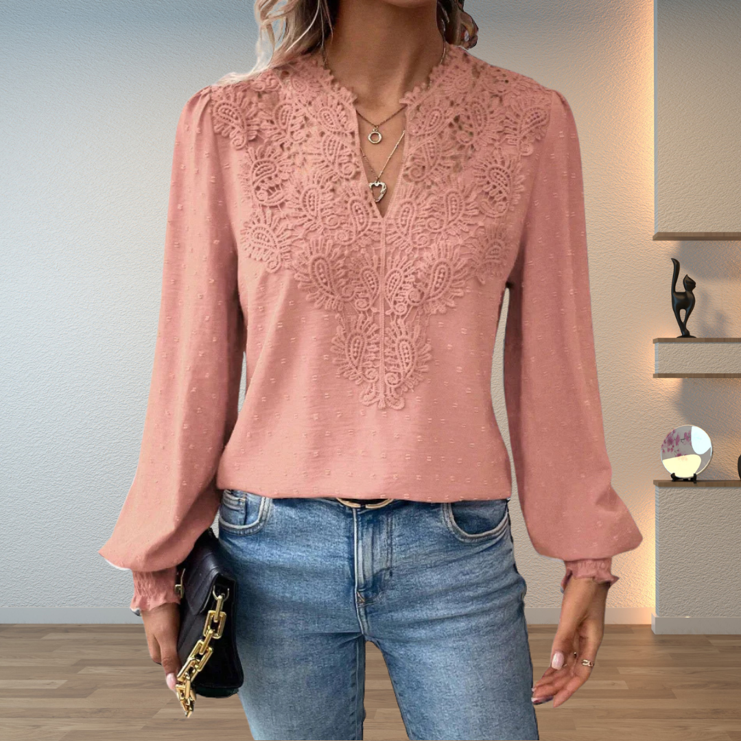 Stylish women's embroidered V-neck long sleeve blouse with puff sleeves. Elegant, versatile, and relaxed fit.