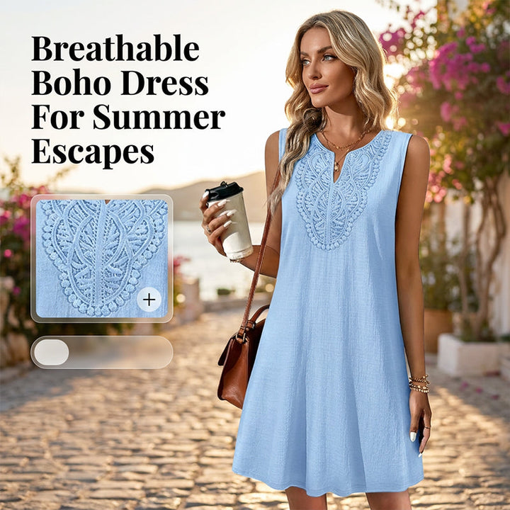 Elegant women's relaxed fit embroidered V-neck sleeveless dress for vacation, beach, or everyday style.