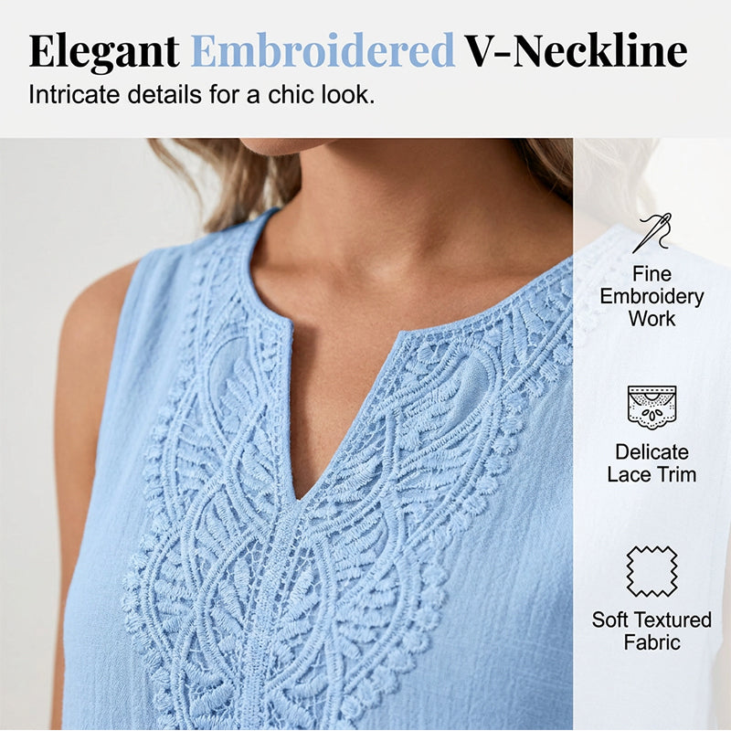 Casual summer women's sleeveless V-neck midi dress with intricate embroidery, great for everyday wear.