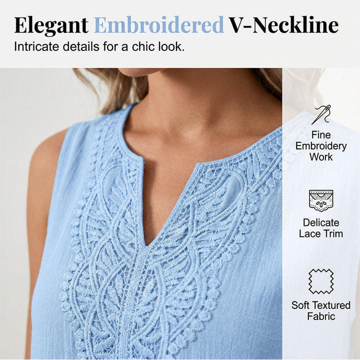 Casual summer women's sleeveless V-neck midi dress with intricate embroidery, great for everyday wear.