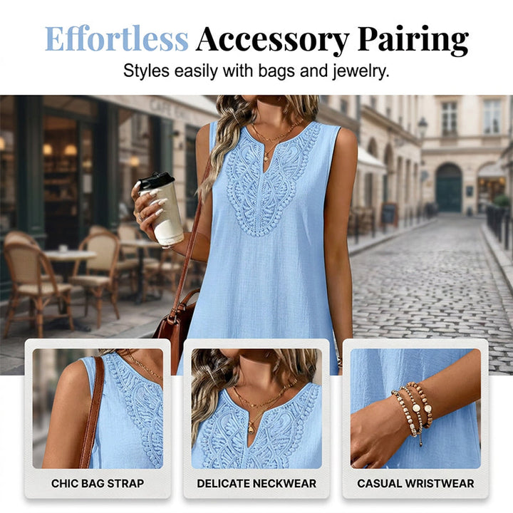 Sleeveless V-neck women's midi dress with detailed embroidery, suitable for casual summer style.