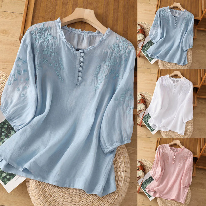 Vintage women's embroidered long sleeve blouse, button-down front, sophisticated style for women's apparel.