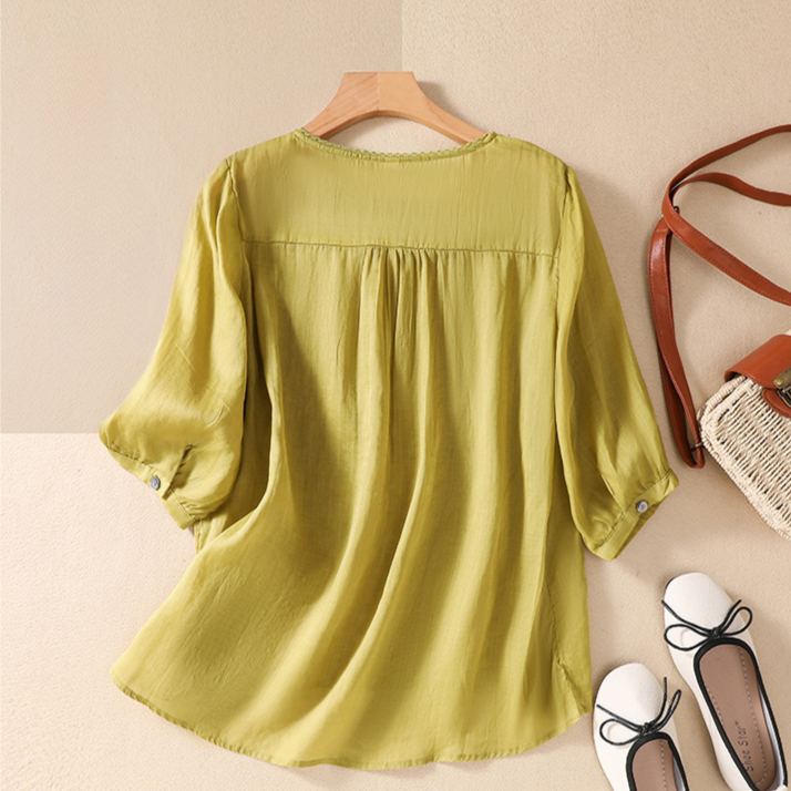 Esmeralda Summer Lace Blouse for women, a stylish, relaxed fit top, perfect for elegant warm weather fashion.