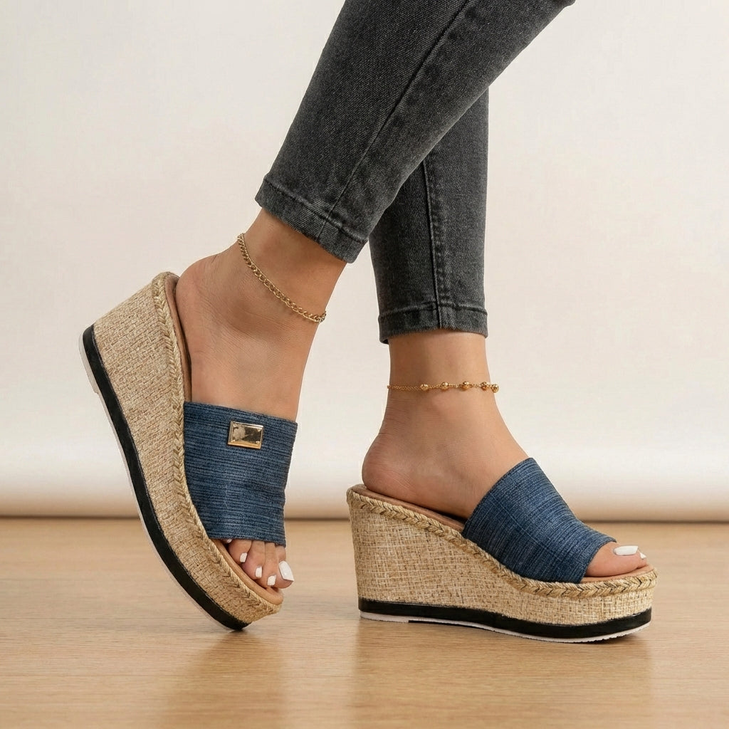 Bohemian women's open-toe espadrille wedge sandals, ideal for beachwear & summer vacation fashion.