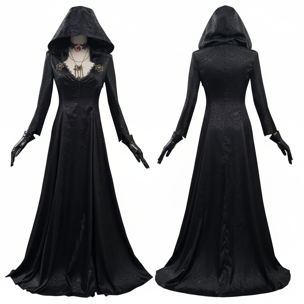 Women's Evil Village Vampire Lady cosplay costume, featuring elegant gown & accessories for Halloween party.