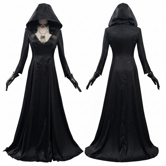 Women's Evil Village Vampire Lady cosplay costume, featuring elegant gown & accessories for Halloween party.