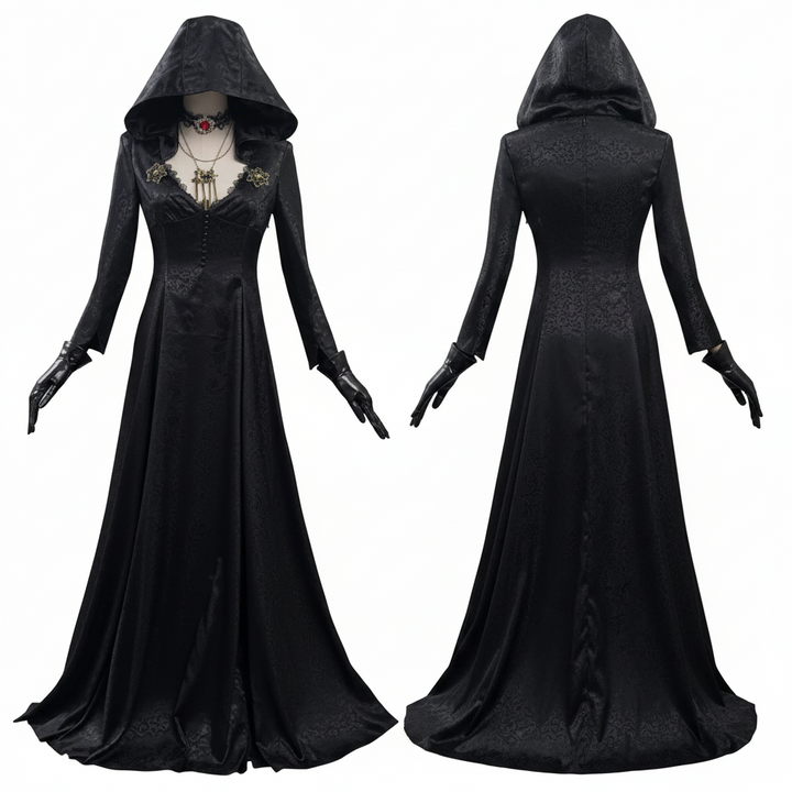 Women's Evil Village Vampire Lady cosplay costume, featuring elegant gown & accessories for Halloween party.