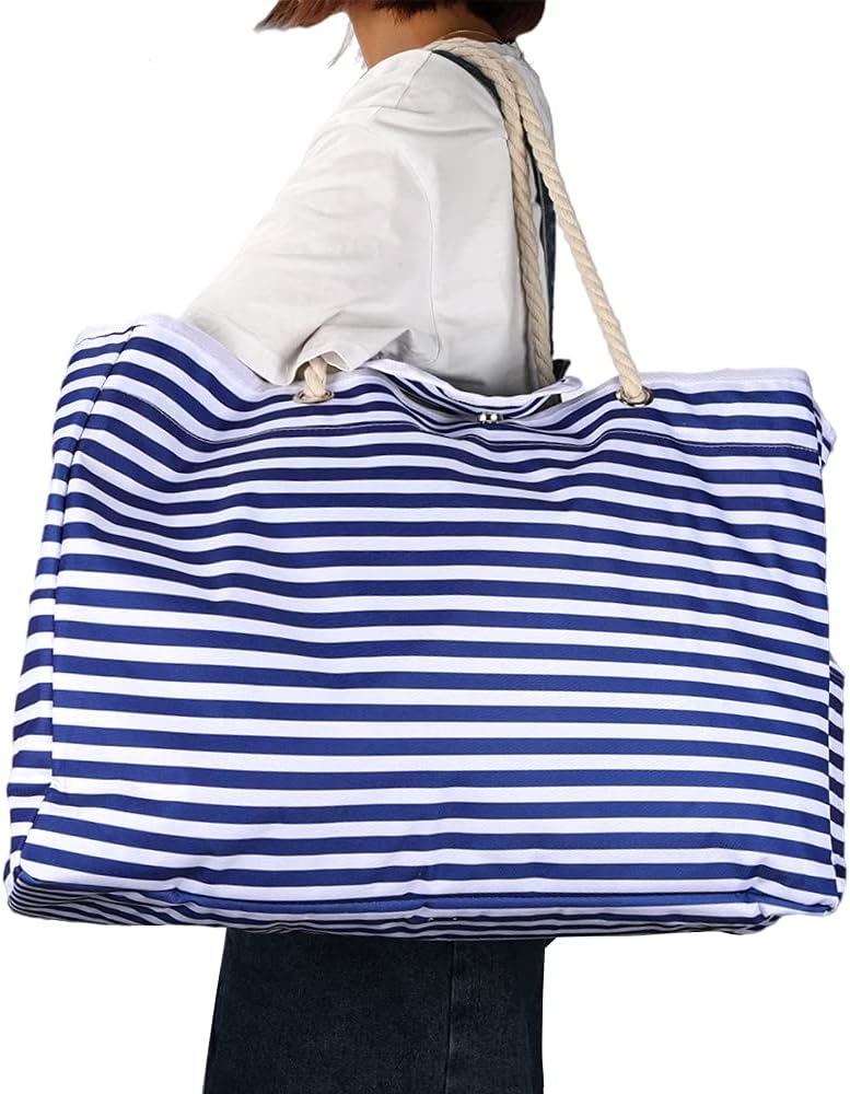 Waterproof extra large beach tote for women, blue stripes. Includes a matching bonus travel case.