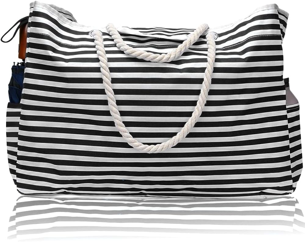 Multi-purpose extra large waterproof tote. Women's striped beach bag with convenient bonus pouch.