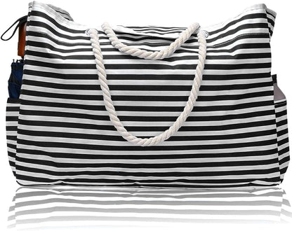 Multi-purpose extra large waterproof tote. Women's striped beach bag with convenient bonus pouch.
