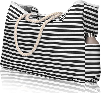 Oversized women's waterproof beach tote with striped pattern. Ideal sandproof travel and utility bag.