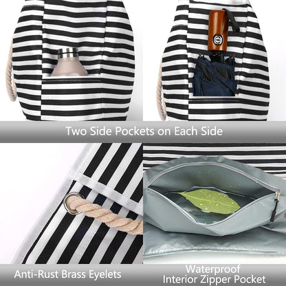 Stylish striped waterproof beach tote for women, extra large capacity. Includes a matching bonus pouch.