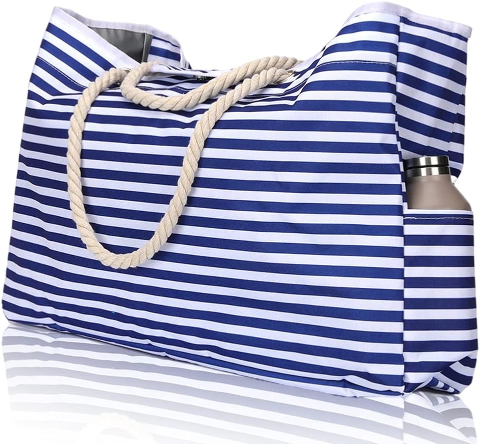 Blue & white striped extra large beach bag for women. Waterproof, sandproof, and spacious for travel.