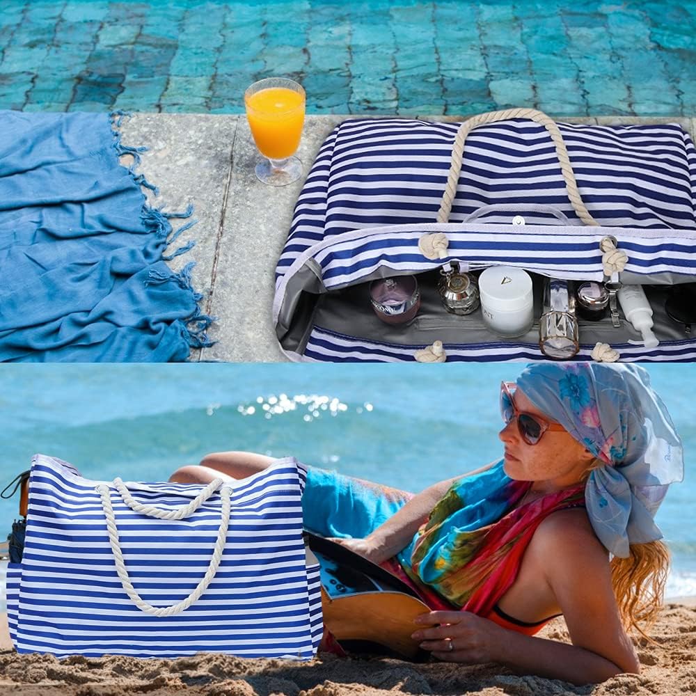 Women's extra large striped beach bag, waterproof and sandproof. Essential for summer vacations.